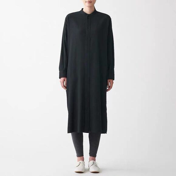 Muji Sz L Black Brushed Cotton Button Front Shirt Dress Pockets Boxy Minimalist - Picture 1 of 5